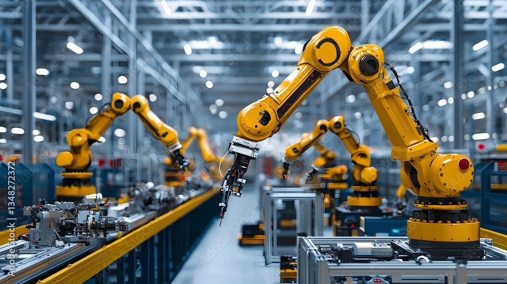 Poster a scene of a highly automated industrial facility featuring multiple robotic arms working in sync to