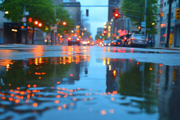 Obraz premium Muddy puddles on wet city street with reflections and raindrop ripples