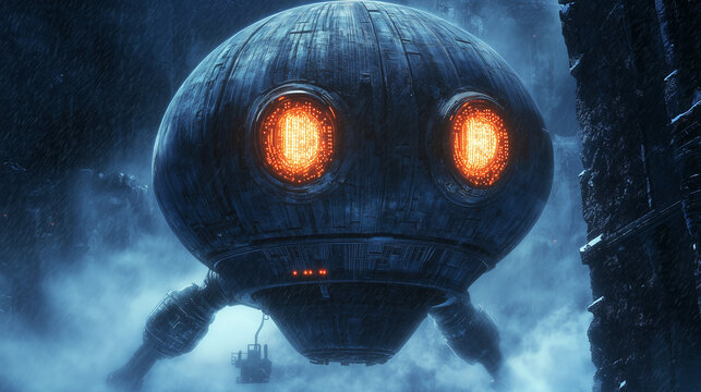 Futuristic robotic machine with glowing eyes in a dark, snowy environment. Sci-fi artificial intelligence concept