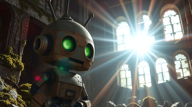 Rusty machine surrounded by cracked walls and creeping vines, soft golden light above &ndash; detailed, atmospheric.