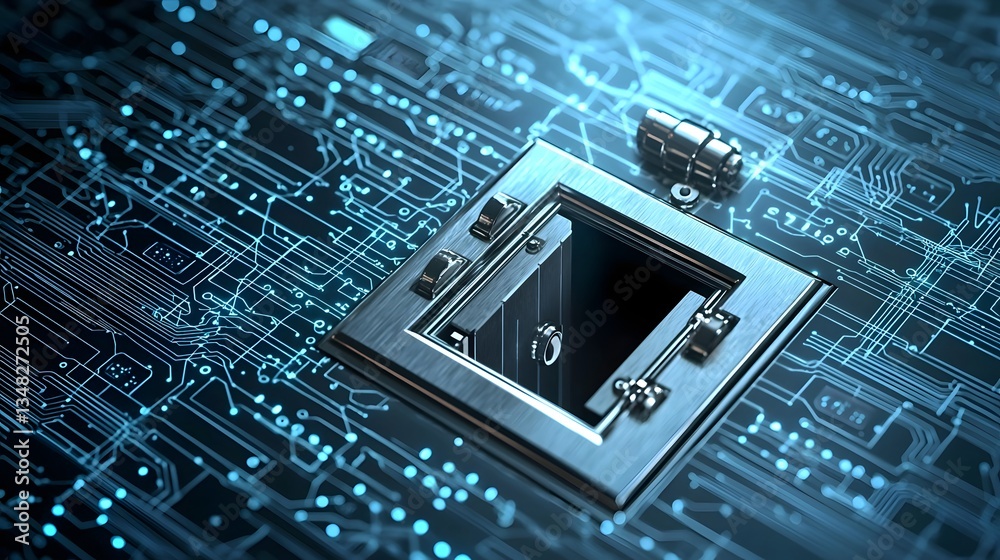 Aufkleber a secure vault door opens to reveal a complex digital grid representing the advanced technological m