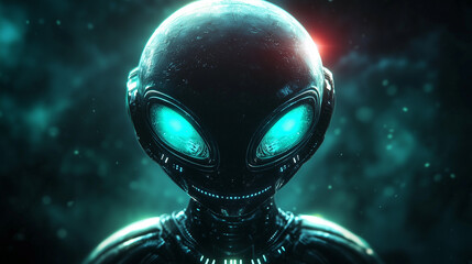 Futuristic alien with glowing blue eyes in a dark sci-fi environment. Cybernetic extraterrestrial with a sleek, robotic design