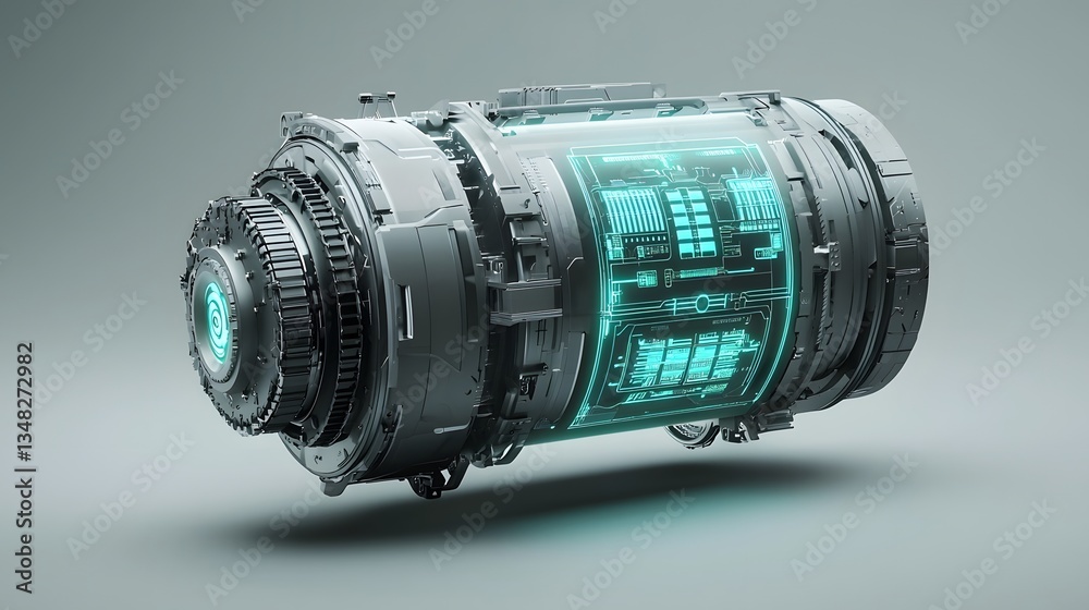 Poster a sleek advanced electric motor featuring bio friendly materials and a digital interface with hologr