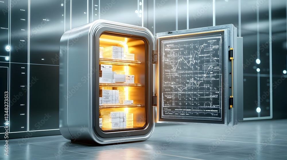 Aufkleber a sleek futuristic safe opens to showcase the interior of a secure vault illuminated with bright lig