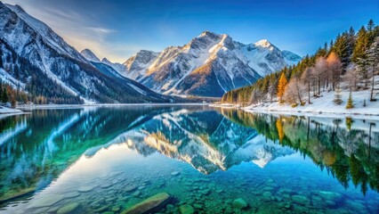 Fototapeta premium Plansee Lake's winter stillness: snowy Tyrolean peaks mirrored, a candid capture.