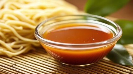Delicious Bowl of Sauce Accompanied by Fresh Noodles on Bamboo Mat
