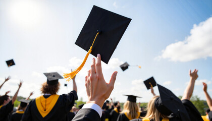Proud graduate celebrating cap toss against open sky, achievement