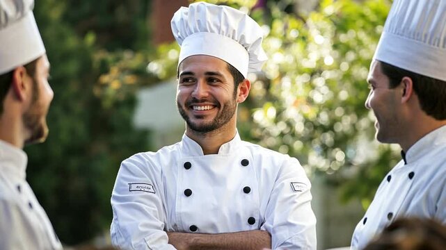 Culinary Collaboration: A team of professional chefs, attired in pristine whites and toque hats, shares smiles during a culinary gathering, radiating a sense of warmth and camaraderie