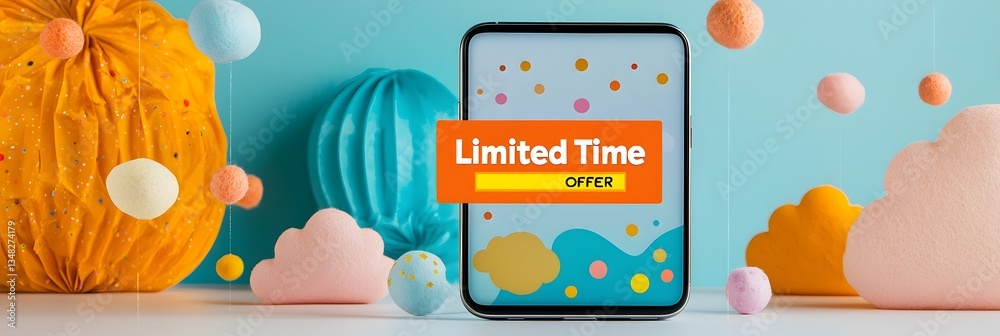 Aufkleber a smartphone screen showcasing a bold colorful limited time offer promotion against a playful minima