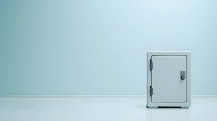 A small modern home safe positioned on a plain white surface showcasing a minimalist and secure storage solution