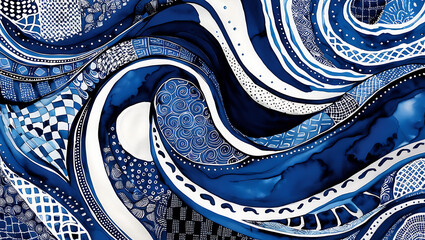 Oceanic Energy: Swirling Indigo and White Artistic Expression
