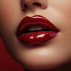 Obraz premium Close-up of a woman's face featuring glossy deep red lips and smooth skin The image highlights beauty cosmetic makeup and feminine appeal
