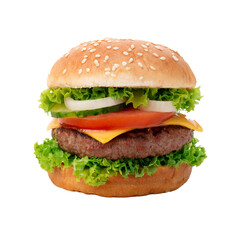 Juicy Burger with Fresh Ingredients on White Background