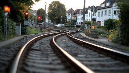 Naklejka premium Train tracks curving through a residential neighborhood at sunset. A tranquil scene with railway lines, houses, and greenery.