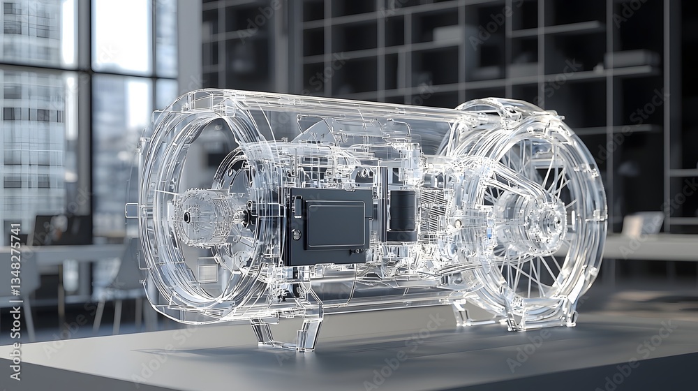 Poster a transparent casing reveals the inner workings of an electric bicycle motor displaying the intricat