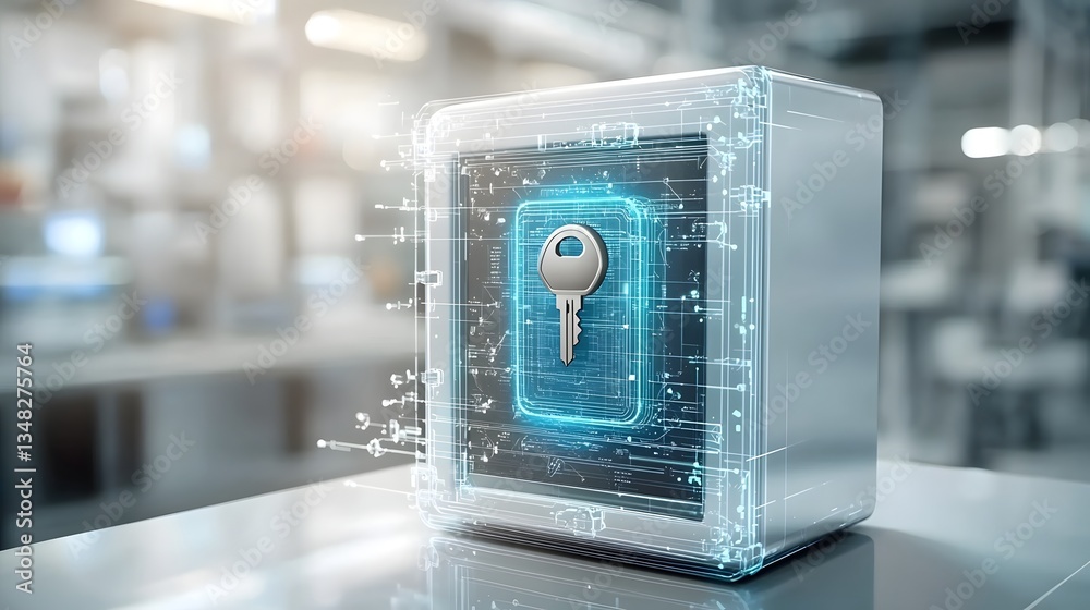 Poster A transparent cube shaped holographic safe being unlocked by a virtual digital key showcasing advanced security and encryption technology
