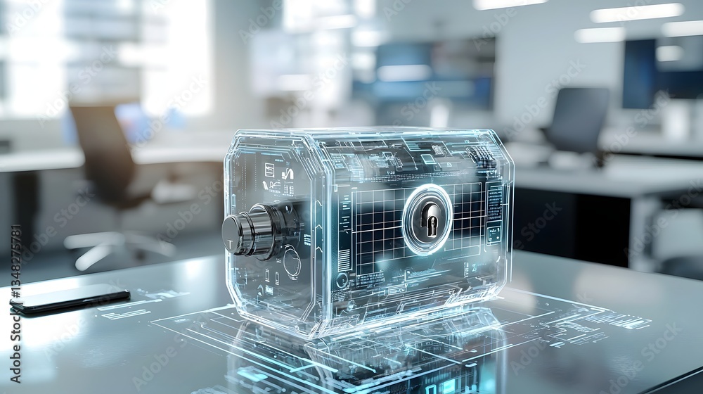 Poster A transparent high tech safe is displayed on a minimalist desk with a digital grid overlay suggesting advanced security features and a futuristic aesthetic