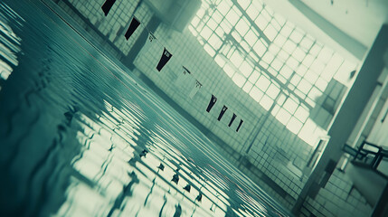 Obraz premium Serene teal swimming pool in an industrial building, calm water reflecting light, lane markers hanging above.
