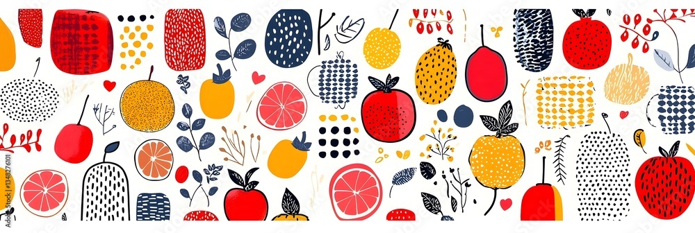 Poster A vibrant and playful background featuring a repeating pattern of stylized geometric fruit and botanical shapes in a bold color palette