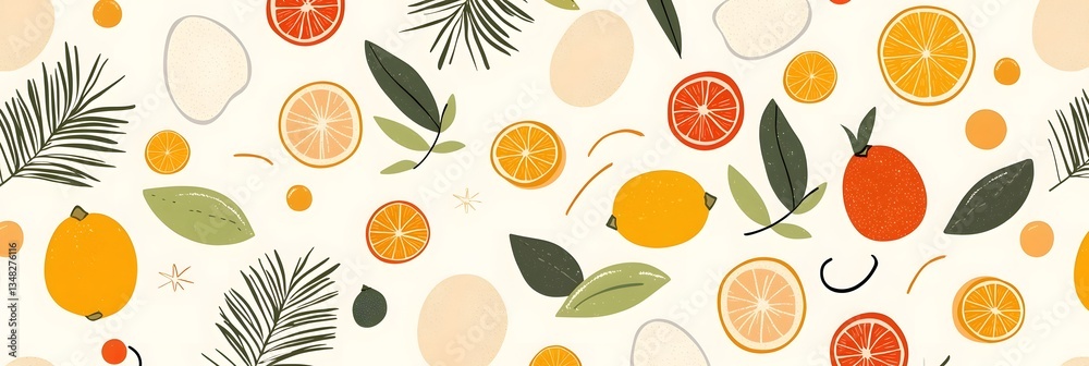 Aufkleber A vibrant and refreshing pattern featuring an array of colorful citrus fruits such as oranges lemons and grapefruits along with lush palm leaves creating a cheerful and tropical summer scene