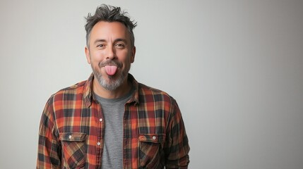Obraz premium Man with a playful expression sticking out his tongue wearing a button-down shirt against a neutral backdrop Humorous portrait