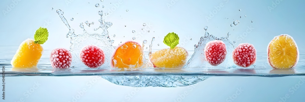 Poster a visually striking and refreshing still life featuring a variety of colorful frozen fruit slices su