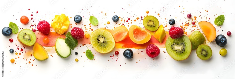 Poster a visually striking arrangement of various colorful and juicy fruits including citrus berries and ki