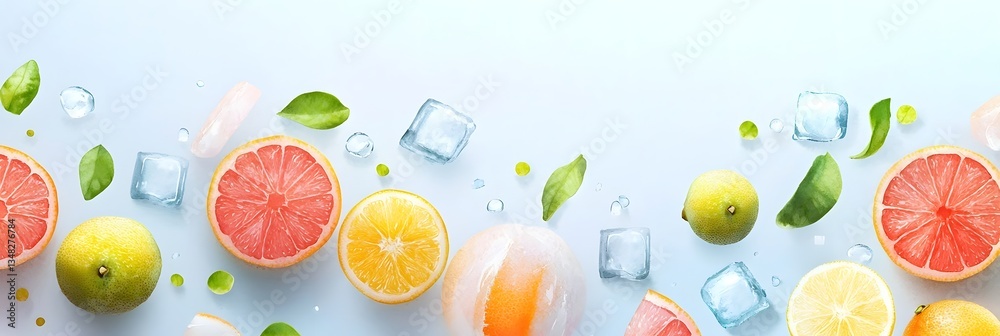 Poster A visually striking arrangement of sliced citrus fruits including lemons limes and grapefruits complemented by ice cubes and splashes of water creating a refreshing and watercolor inspired background