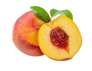 Fresh Peach and Half with Green Leaf Detail