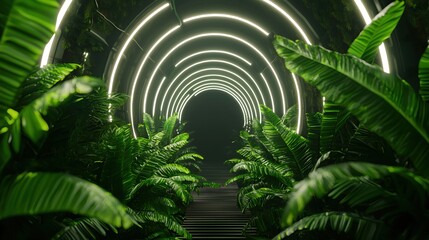 Fototapeta premium Lush Greenery and Neon Tunnel with Illuminated Circles in Background