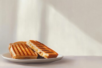 Two golden-brown grilled cheese sandwiches on a white plate, illuminated by sunlight