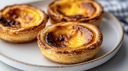 Three delicious baked custard tarts arranged on a white plate