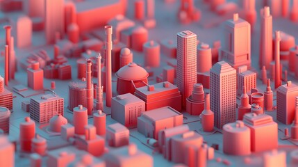 Obraz premium Abstract 3D Cityscape Rendering with Pink and Red Color Palette