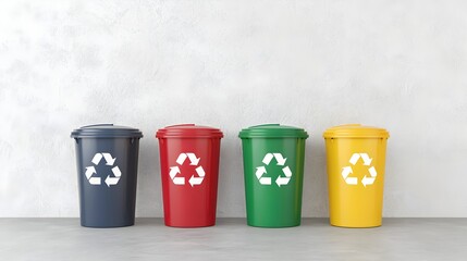 Four Colorful Recycling Bins on a Light Gray Background