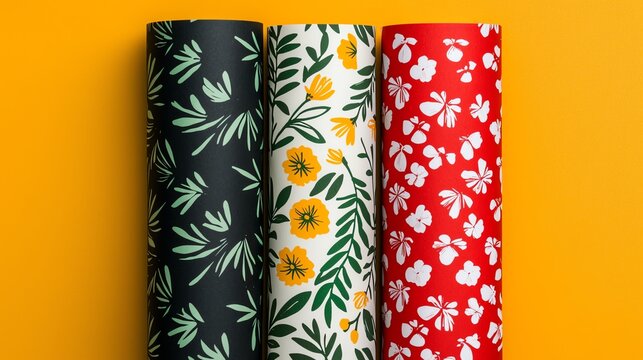 Flat lay wrapping paper design mockup, stylish roll arrangement, layered patterns, high-quality print texture