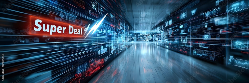 Poster Abstract background depicting a high speed technologically advanced digital shopping environment with a vibrant  Super Deal  lightning effect cutting through the scene