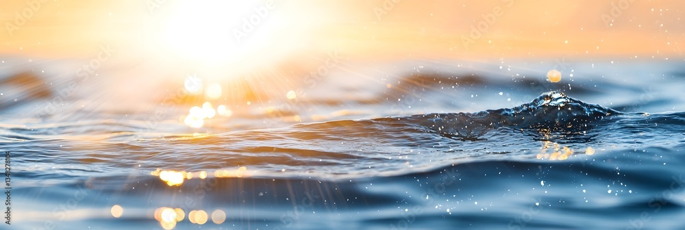 Poster abstract seascape scene featuring a glowing sunset with rays of light reflecting on the rippling oce