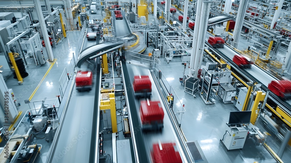 Aufkleber aerial perspective showcasing the complex and automated conveyor systems in a bustling industrial ma