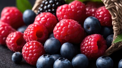 Vibrant mix of fresh berries.  A generous collection of raspberries, blueberries, and blackberries, spilling from a woven basket