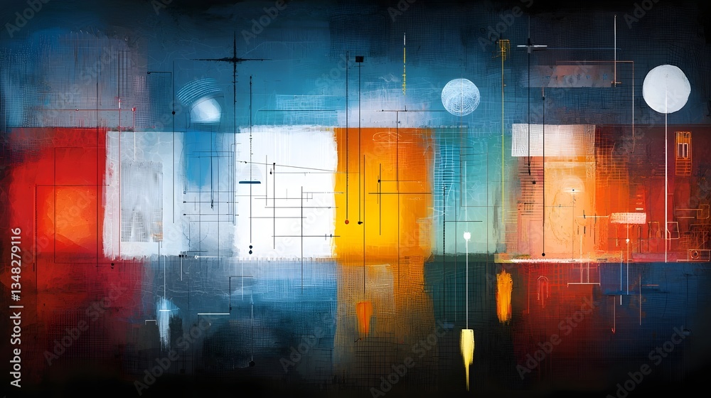 Leinwandbilder An abstract conceptual interpretation of radar waves dynamically bouncing off and interacting with various surfaces represented through a vibrant geometric composition of shapes lines