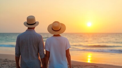 Embracing Financial Freedom: Joyful Retired Couple Walking on Beach at Sunrise, Early Retirement Strategies, Copy Space