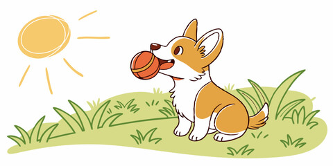Young Pembroke Welsh Corgi dog sits on grass on summer sunny day during walk with his favorite toy in his mouth, orange ball. Animal play concept outdoors, pet shop, pet toys
