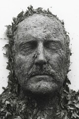 Monochrome Portrait of Man Covered with Earth and Leaves