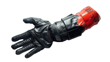 Robotic arm with black leather glove extending on transparent background