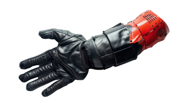 Robotic arm with black leather glove extending on transparent background