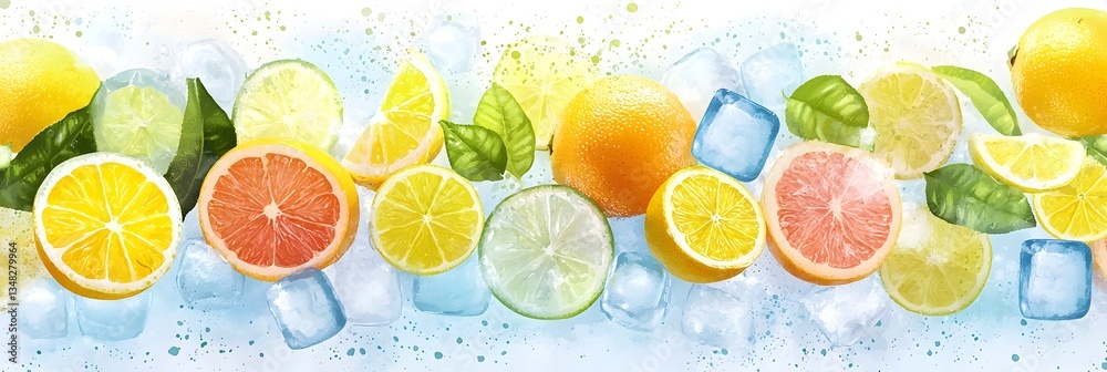 Poster an background showcasing a refreshing arrangement of sliced citrus fruits including lemons limes ora