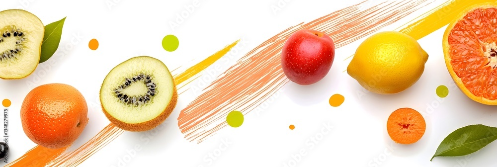 Poster An composition of various fresh fruits including citrus and kiwi creatively combined with abstract brush strokes in warm tones to create a visually appealing and textured background