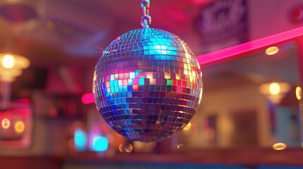 Fototapeta premium Close-up of disco ball glowing under colorful neon lights, with blurred lights and reflections creating a bright and festive nightclub scene.