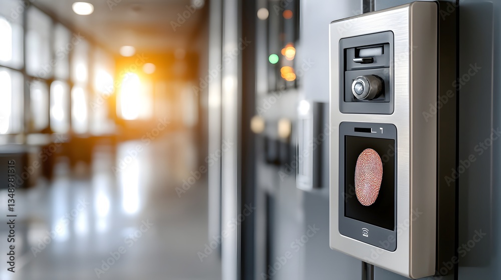 Poster Close up of a fingerprint sensor used to unlock and access a secure safe with a warm light filtering through in the background