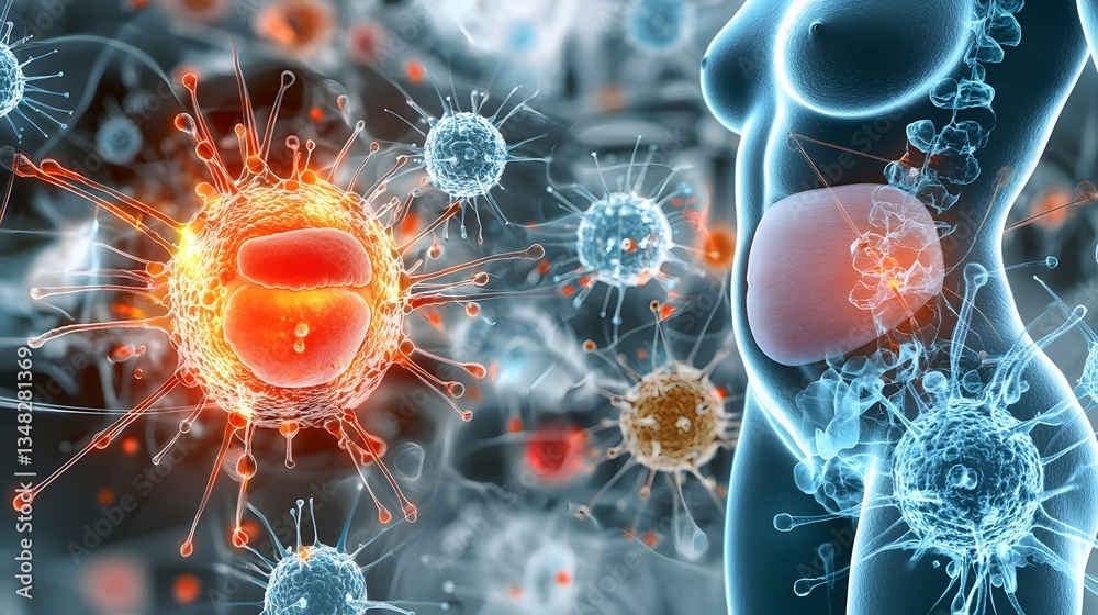 Aufkleber close up image depicting microscopic pathogens such as viruses or bacteria in contrast with a healthy human body structure specifically the abdomen area